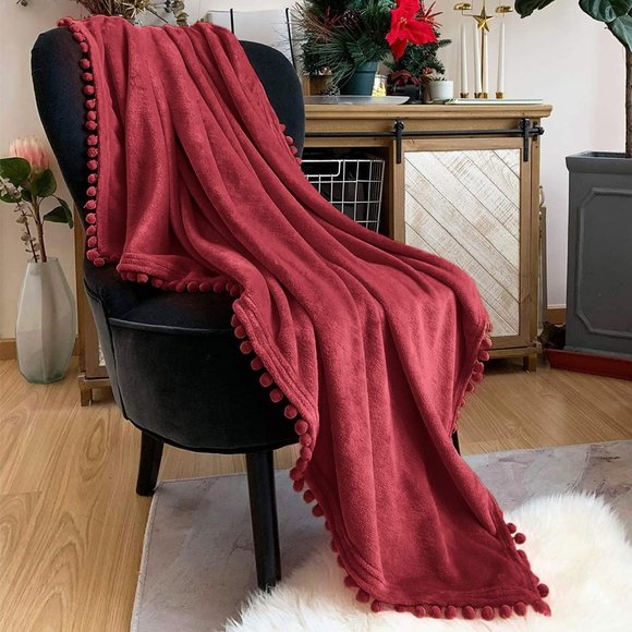 Brick Red Pompom Soft Velvety Velour Pom Pom Throw Blanket Boho Chair Cover New - Picture 1 of 8